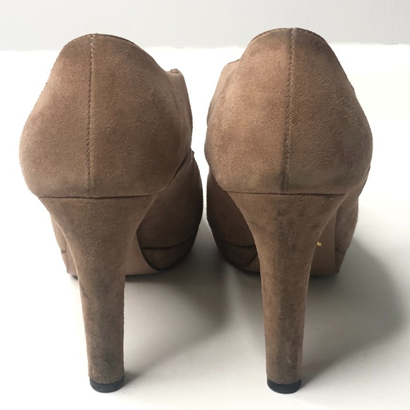 Prada Dark Tan Suede Elastic Ruched Strappy Heels - Picture 5 of 16